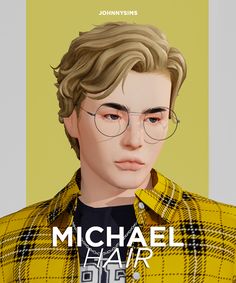 a man wearing glasses and a yellow jacket with the words, michael hair on it