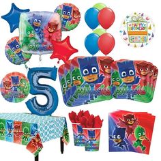 birthday party supplies including balloons and decorations