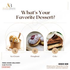 an advertisement for a dessert shop with three different types of cakes and ice creams