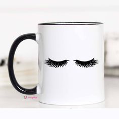 11 Oz. Double-sided print. Top rack dishwasher safe. Microwave safe. Eyelash Mug, Eyelash Mugs, Make A Mug, Personalized Christmas Mugs, 50th Anniversary Gifts, Black Rims, Mug Design, Dishwasher Racks, White Space