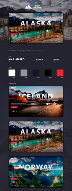 the website design for alaska is shown in three different colors