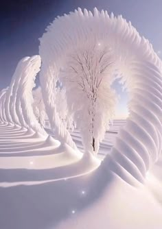 an artistic photo of snow covered trees in the middle of a snowy landscape with sun shining on them