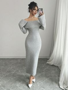 Vestido casual de manga larga con hombros descubiertos de unicolor y diseño simple para mujer Gris Elegante  manga larga Lana Peinada Liso  Elástico Ligero  Women Clothing, size features are:Bust: ,Length: ,Sleeve Length: Long Knitted Dress, Long Sleeve Wrap Dress, Body Con Dress, Long Dress Casual, Vestido Casual, Women Long Dresses, Long Sleeve Bodycon, Long Sleeve Bodycon Dress