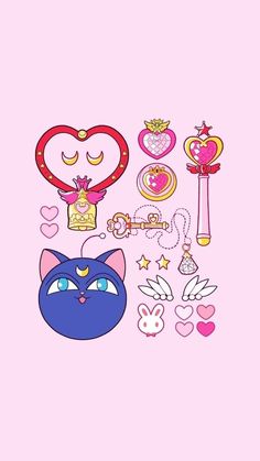 a pink background with many different items in the shape of heart, crown and cat's head