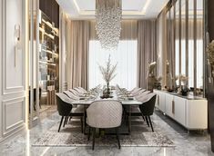 an elegant dining room with marble flooring and white walls, chandelier hanging from the ceiling