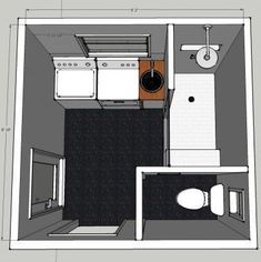 an overhead view of a small kitchen and bathroom