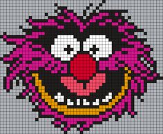 a pixellated image of a clown face with big eyes and pink hair, smiling