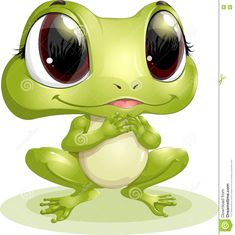 a green frog with big eyes sitting on the ground