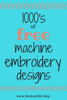 the words free machine embroidery designs on a blue background with an orange and black border