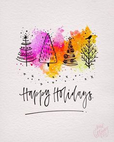 watercolor christmas trees with the words happy holidays