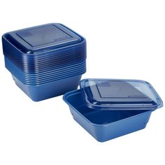 two blue plastic containers with lids on each side and one empty container in the middle