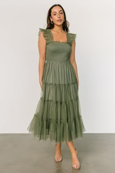 Emma Smocked Tulle Dress | Sage - Baltic Born Dress With Layers, Sage Boho Dress, Sage Green Boho Dress, Sage Sundress, Sage Wedding Guest Dress, Sage Green Midi Dress, Dusty Sage Green Bridesmaid Dresses, Midsummer Dress, Backyard Wedding Bridesmaid Dresses