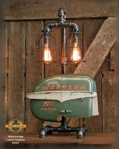 an old fashioned lamp with two light bulbs on it's head and the words, johnson