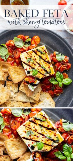 two pictures of baked flat bread with cherry tomatoes and basil on top, next to an image of grilled flat bread with cherry tomatoes