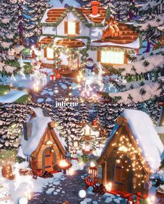 an animated christmas scene with snow covered houses