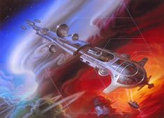 an image of a sci - fi space ship flying through the sky with planets in the background