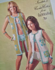 two women in swimsuits standing next to each other on the cover of a magazine