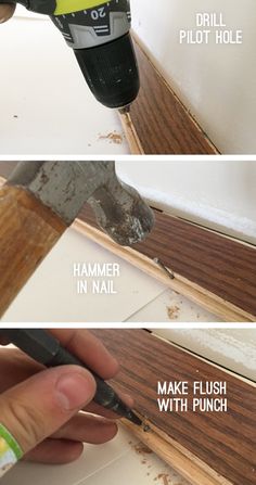 a person using a drill to fix a hole in the wall with wood planks