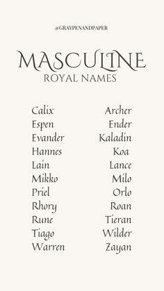 the front cover of mascuine royal names, which are in black and white