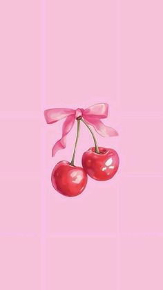 two cherries tied to a pink ribbon on top of each other, with one cherry in the middle