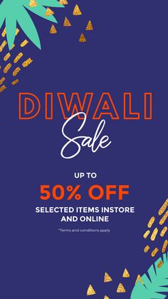 a blue background with gold confetti and the words diwali sale up to 50 % off selected items in store and online