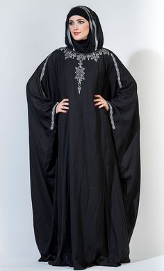 Beads embroidered kaftan style abaya dress available only at eastessence. Trendy Abaya, Niqab Hijab, Black Abaya Designs, Abaya For Women, Abaya Online, Dubai Outfits, Abaya Black, Hijab Abaya, Embroidered Kaftan