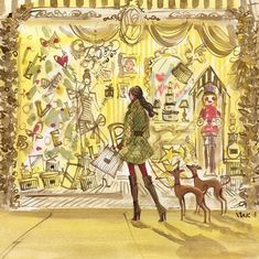 a drawing of a woman walking her dog in front of a store window with mannequins