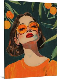 a painting of a woman with oranges on her face and sunglasses over her eyes