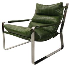 a green leather chair with metal frame and armrests on an isolated white background