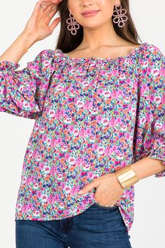 Kori Floral Blouse, Pink - New Arrivals - The Blue Door Boutique Spring Flowy Blouse With Smocked Back, Spring Blouse With Smocked Back For Day Out, Multicolor Top With Elastic Neckline For Spring, Flowy Blouse With Smocked Back, Summer Blouse With Elastic Neckline For Day Out, Flowy Blouse With Smocked Back For Day Out, Bohemian Tops With Elastic Neckline For Spring, Spring Tops With Gathered Neckline For Day Out, Spring Vacation Peasant Top With Floral Print