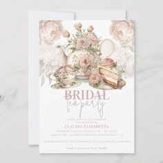 the bridal tea party card is shown with flowers and cake on it's side