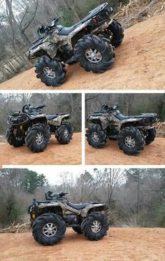 four different views of an atv on a dirt road