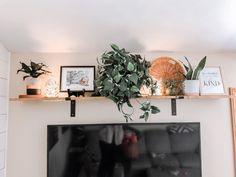 a flat screen tv sitting on top of a wooden shelf next to a potted plant