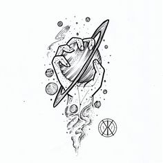 a black and white drawing of a rocket ship flying through the sky with planets around it