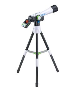 a white and black tripod with a camera on it's legs, in front of a white background