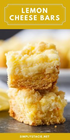 lemon cheese bars stacked on top of each other