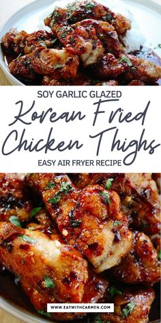 korean fried chicken thighs with text overlay