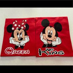 two mickey and minnie mouse t - shirts with the words queen and king on them