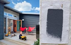 two pictures side by side, one with grey paint and the other has red chairs