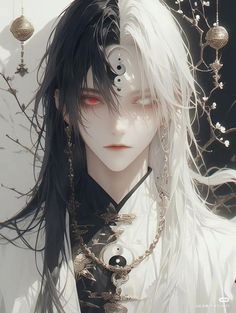 an anime character with long white hair and red eyes, wearing black and white clothing