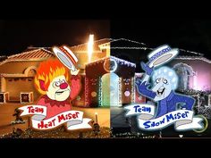 christmas lights and decorations in the shape of houses with cartoon characters on them at night