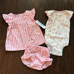 Nwt Carter’s Three Piece Outfit Includes Gingham Pink Ruffled Top With Matching Shorts, And A Sweet Onesie Bodysuit With Ruffled Shoulder And Pink Bunny + Flower Print Perfect For Spring Or Even Easter! Cute Fitted Gingham Sets, Playful Gingham Sets For Spring, Summer Gingham Sets For Playtime, Summer Gingham Playtime Set, Fitted Gingham Sets For Spring, Spring Gingham Sets With Ruffles, Plaid Cotton Playtime Set, Cute Plaid Playtime Sets, Cute Gingham Sets For Playtime