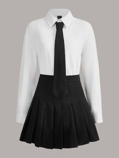 White Long Sleeve And Skirt Outfit, Black And White Uniform School, White Shirt And Tie Women, White Shirt With Tie Women, White Shirt Styles For Women, Black And White Outfits Ideas, Black And White Clothes For Women, Black And White Outfits For Women, Black And White Outfit Women