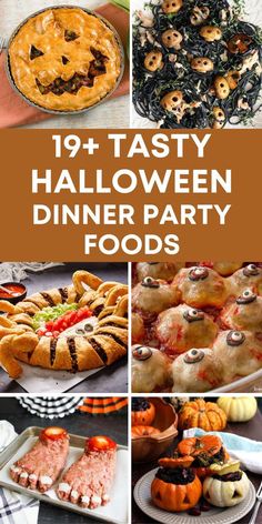 halloween dinner party foods with text overlay