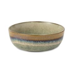 a brown and blue bowl on a white background