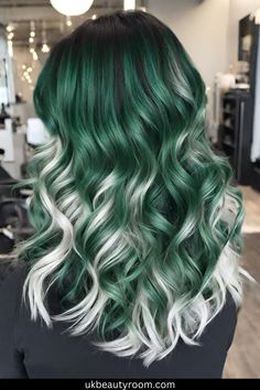 Unique Trending hairstyle ideas|hairstyles for school - summer hairs colors Emerald And Blonde Hair, Green And Platinum Hair, Silver Green Hair, Dark Green And Blonde Hair, Black And Mint Hair, Silver And Green Hair, Dark Green Hair Color, Dark Hair Dye Ideas, Emerald Green Hair Color