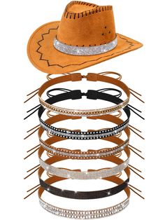 PRICES MAY VARY. Dazzling Rhinestone Design: unleash your inner cowboy or cowgirl with these stylish cowboy hat bands adorned with quality rhinestone parts of about 19.69 inches in length, they measure about 55.12 inches in total length, to match different hats; With rhinestones irregularly distributed design and 6 different cowboy hat bands included, adding diversity and freshness to your western apparel Western Hat Bands with Rhinestones: the rhinestone hat band is available in different color Hat Bands Western, Rhinestone Cowboy Hat, Rhinestone Hat, Cowboy Hat Bands, Rhinestone Cowboy, Hat Bands, Western Apparel, Western Hat, Different Hats