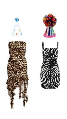 two dresses and a party hat are shown in three different styles, one is leopard print