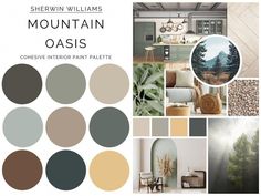 there are many different color combinations in this page, including the mountain oasis and pine trees