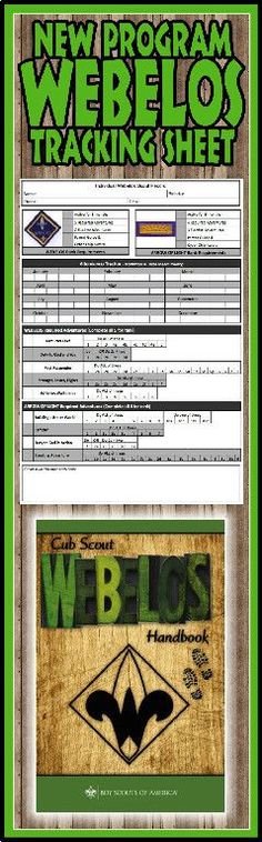 the new program webelos tracking sheet is shown in green and black, with an image